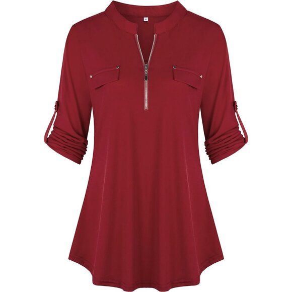Womens Wine Color Floral 3/4 Sleeve Shirt Zip Up V Neck Work Chiffon Blouses Top - Picture 1 of 4